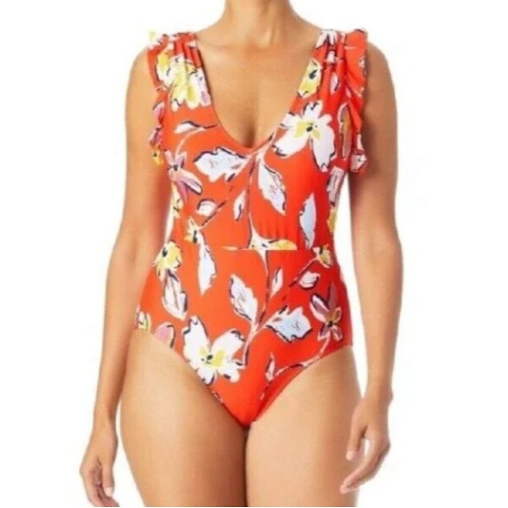 Catalina Women’s Plus 1X 16W-18W Floral Flutter Sleeve One Pc Swimsuit Coastal